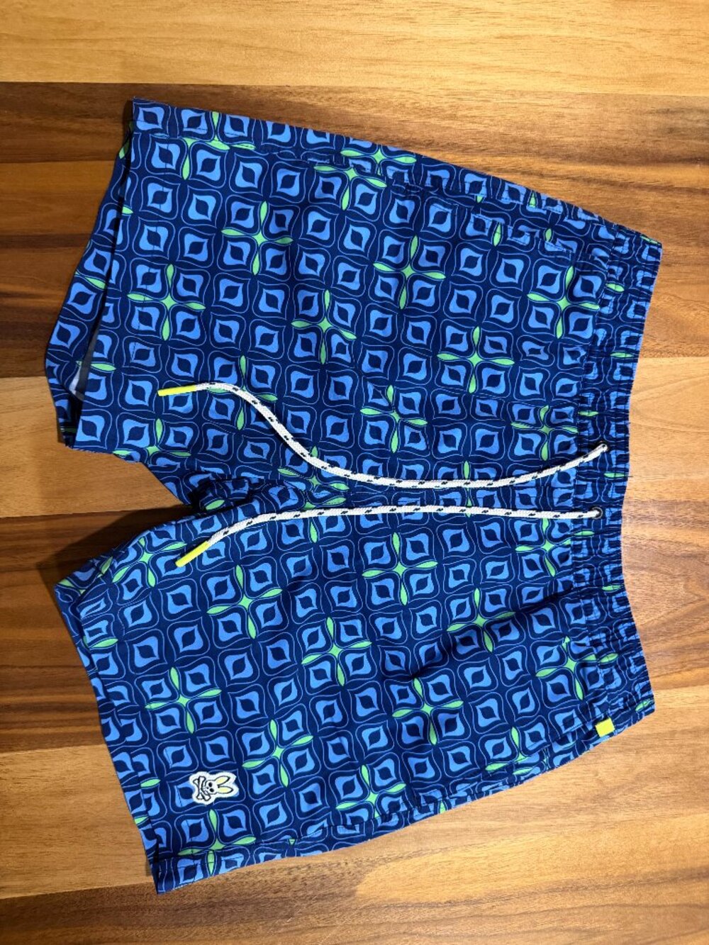 Psycho Bunny Men’s Board Shorts Swim Trunks Blue Lime Green Pattern